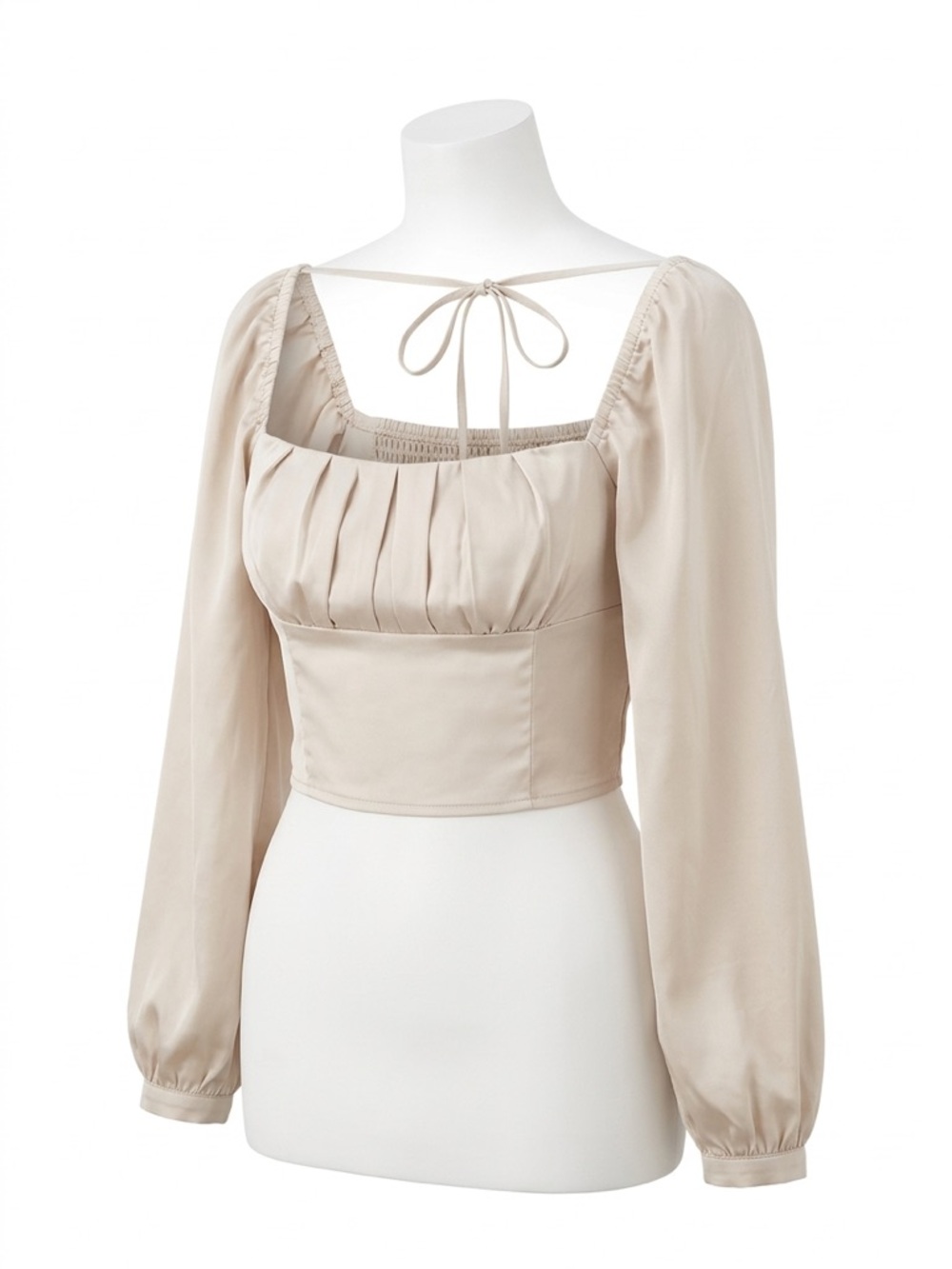H&M Beige Pleated Square-Neck Tie-Back Crop Blouse